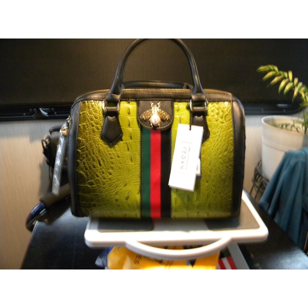 Sage Green Faux Croc Large Bee striped Boston Bag NWT
